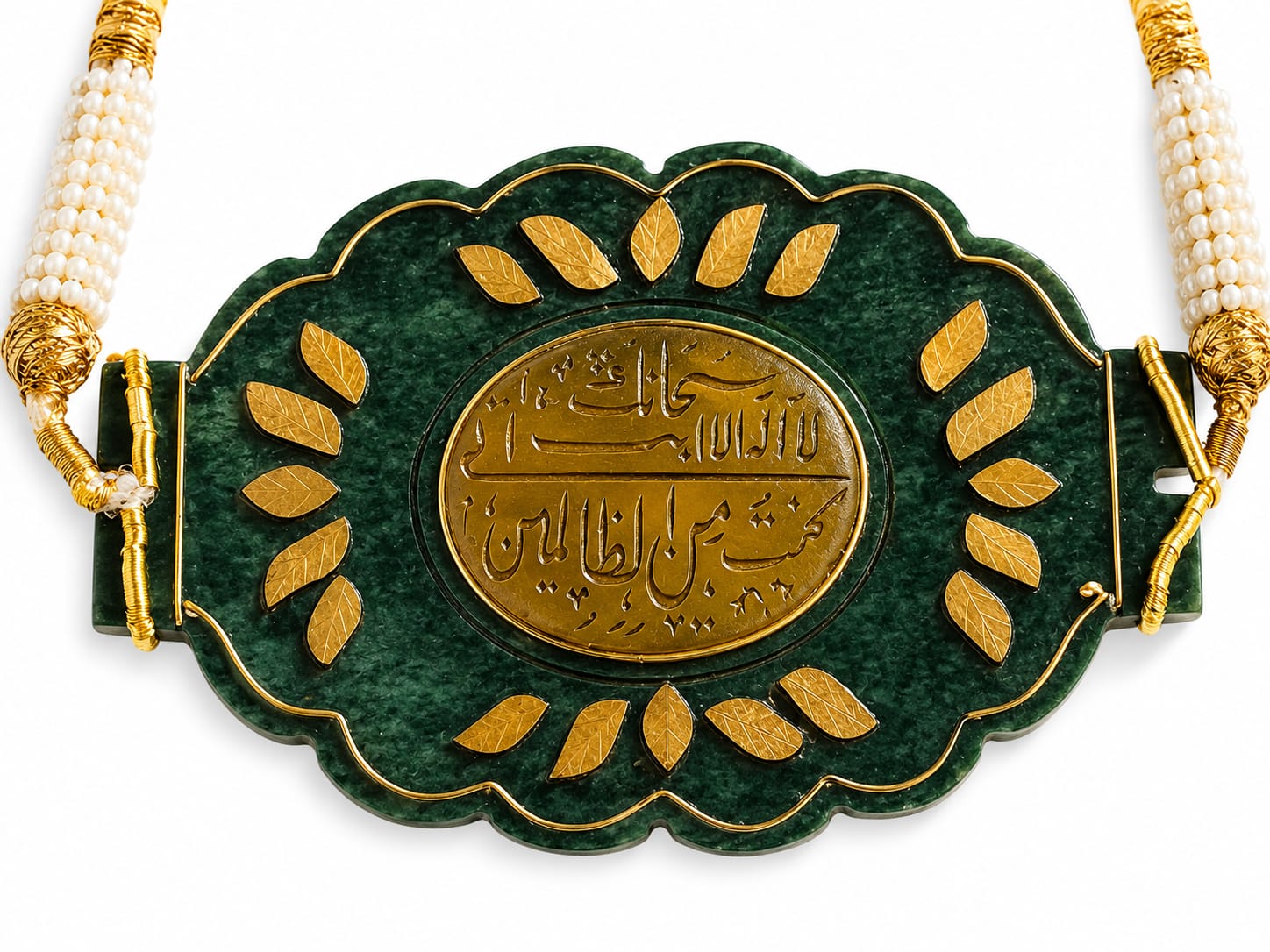 Mughal handmade islamic jade stone pendant studded with kai green precious stone